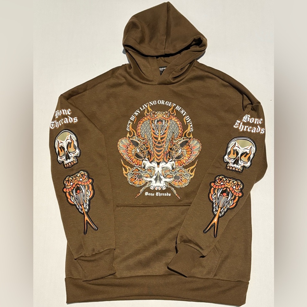 NWT Brand Makers Men's Skull Cobra Drop Shoulder Hoodie, Size Small, Brown